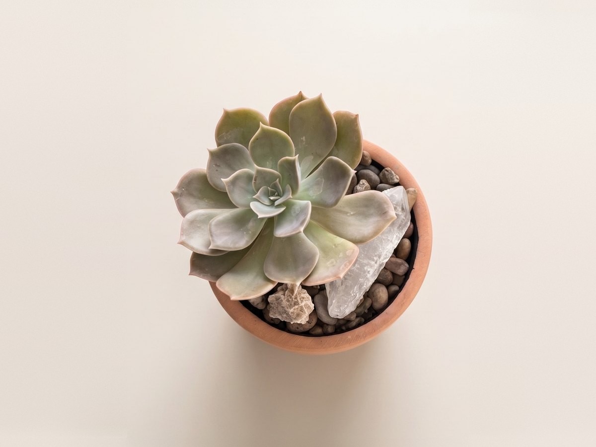Raíz de Claridad, Una echeveria en maceta de terracota, con cuarzo cristal.